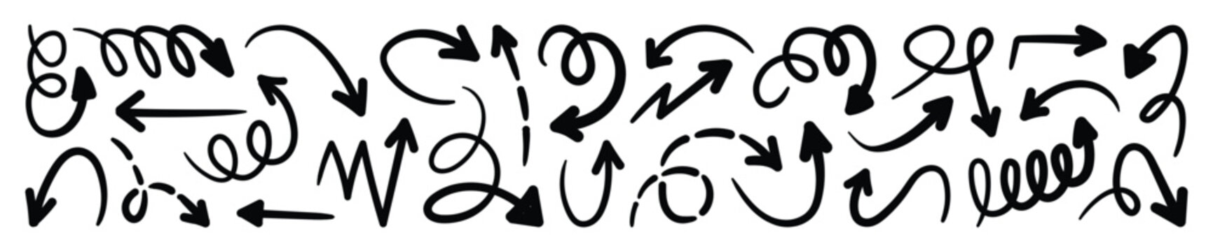 Scribble hand drawn arrows doodle icons. Crayon arrow sketches collection. Dashed, and Dotted swirl arrow signs. Vector illustrator