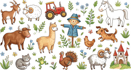 Fototapeta premium Farm and Countryside Illustration Set with Farm Animals, Scarecrow, Tractor, Plants, Flowers, and Castle for Kids Education, Playful Learning, and Outdoor Nature Designs.