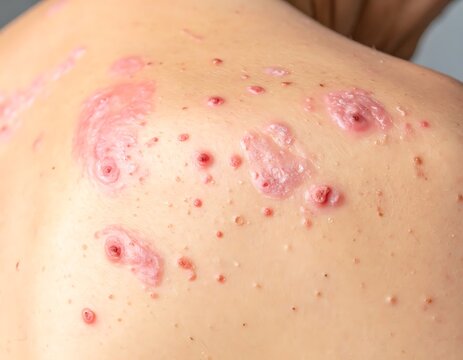 Shingles rash on human back skin.
