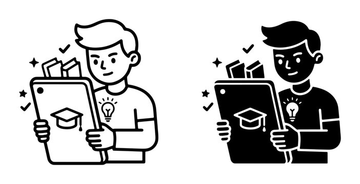 vector illustration of two men holding tablets with graduation caps and books one in black and white other in
