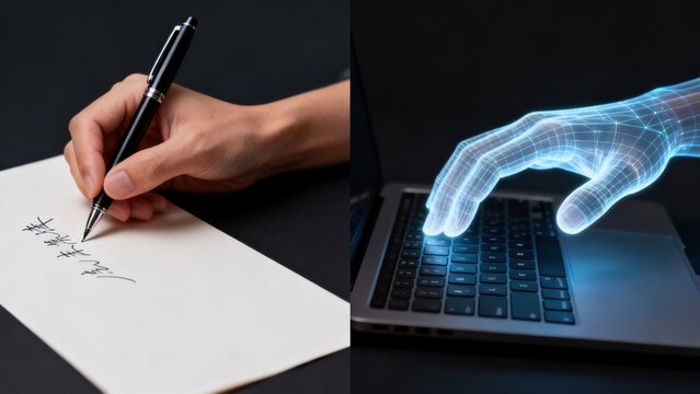 Human hand writing vs AI hand on keyboard