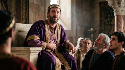 Obraz premium King Herod dressed in royal robes sitting on throne and suffering divine judgment. Biblical scene from Acts 12 when he is struck by an angel. Historical drama of ancient ruler.