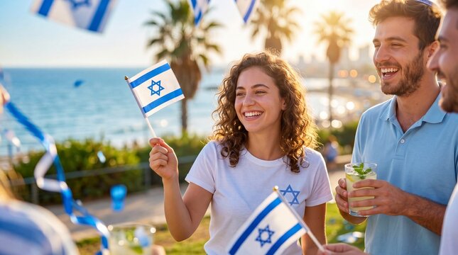 Woman holding Israeli flag smiles with group of friends at beach celebration. Young adults waving blue and white banners by the sea at sunset. Israel independence day joy and national unity