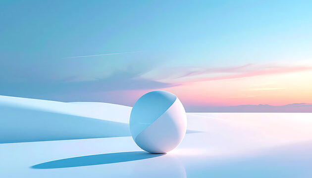 Abstract sphere divided into two contrasting light blue and white halves, casting a long shadow 