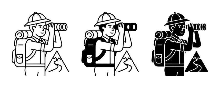 set of three hiker silhouettes with binoculars and backpacks looking at mountains
