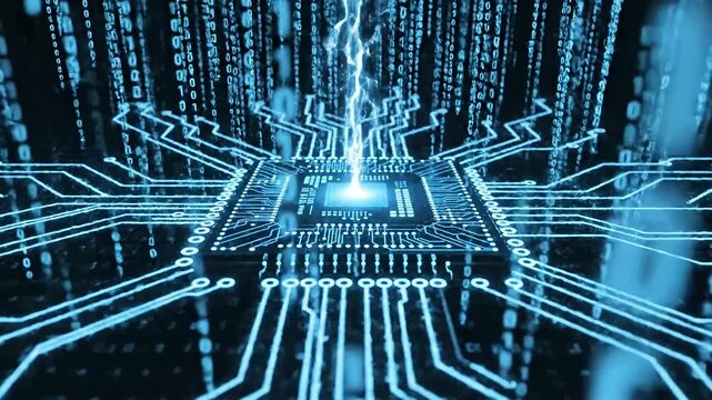 Futuristic digital computer chip with glowing blue circuit board lines and binary code data stream with electric lightning bolt representing high speed artificial intelligence