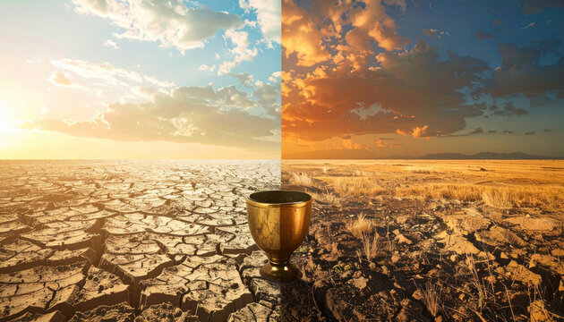 Arid landscape, dry soil, golden cup, split sky, climate change