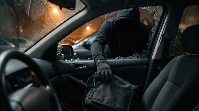 Thief wearing hooded sweatshirt stealing bag from broken car window at night. Man committing vehicle theft and crime. Criminal activity, illegal act and dangerous robbery in street.