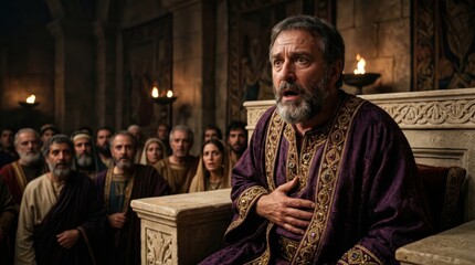 Naklejka premium King Herod Agrippa in royal purple clothing sitting on throne during speech. Biblical scene from Acts 12 when he was struck by God. Ancient Middle Eastern history and religion.