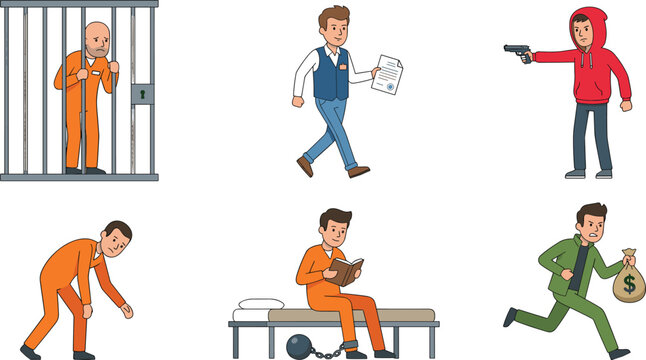 Criminal Justice and Crime Concept Vector Illustration with Prisoners Robbers Theft Law Enforcement Investigation Security and Suspects in Flat Minimalist Style Designs.