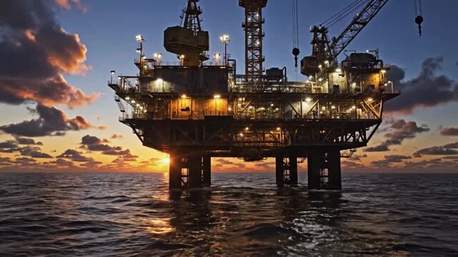 Oil rig at sea during sunset for outdoor lifestyle brands and nature documentaries
