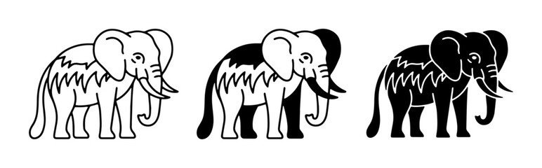 Fototapeta premium set of three elephant silhouettes in black and white outline style