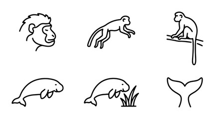 line art set of six animals including lion monkey and whale tail © Ziaur