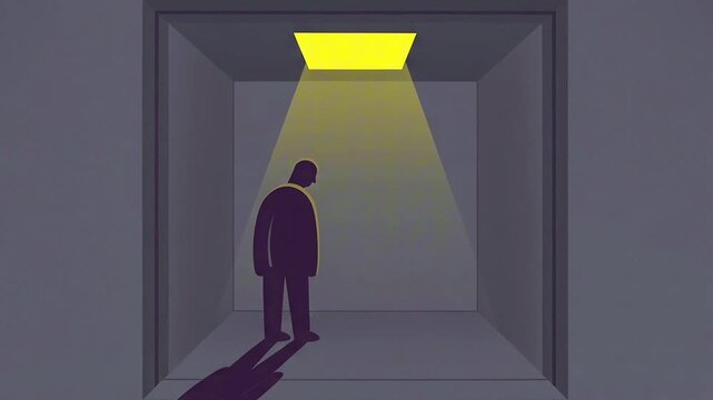 Stuck in routine concept: tired person in buttonless elevator, exhaustion slowdown limit acceptance real human pace new normal