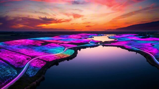 Bioluminescent Fields Glowing at Sunset Around Calm Lakes, Surreal Fantasy Landscape Aerial View