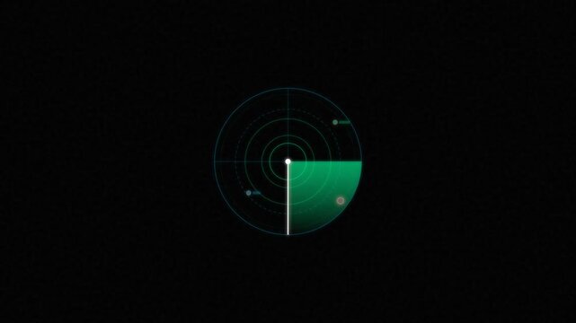 Circular radar screen displaying a green sweep indicating detection on a dark background, abstract technology concept