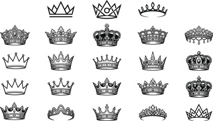 Hand drawn crown collection set with vintage royal tiara designs elegant decorative monarchy vector illustration © Moriom