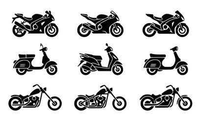 Minimal motorcycle silhouette icon set sport bike scooter chopper vector illustration isolated on white background © MdRabbi