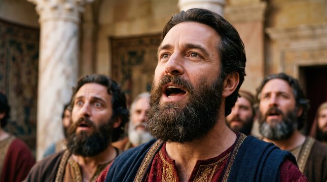 King Herod dressed in royal robes standing before a crowd. Biblical scene from Acts of the Apostles. Historical reenactment of ancient kingdom era and divine judgment concept.