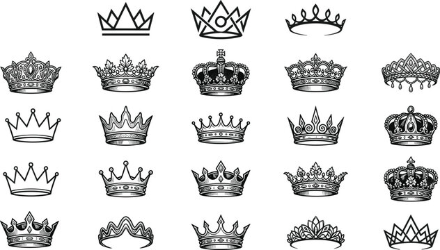 Hand drawn crown collection set with vintage royal tiara designs elegant decorative monarchy vector illustration