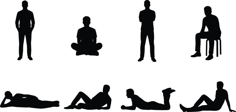 Male silhouettes set with sitting standing lying and relaxed poses human figures black vector illustration collection