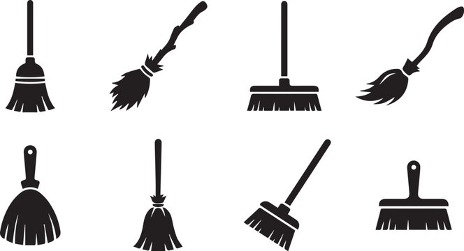 Broom Cleaning Tools Icon Set Housekeeping Sweep Mop Household Sanitation Equipment Silhouette Vector Illustration