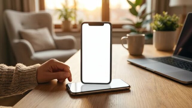 1. Phone Mockup with White Screen in Cozy Warm Setting, business scene, commercial stock appeal, clean workplace context, balanced composition, natural body language, realistic lighting, crisp focus,