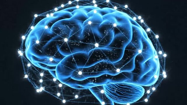 Blue glowing brain with network connections emphasizing advanced technology and cybersecurity