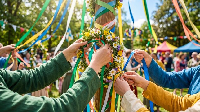 People weaving ribbons around a flower garlanded maypole in outdoor park. Traditional maypole dance during spring festival. Community folk celebration with joyful participants