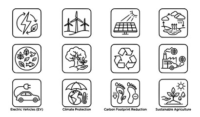 Fototapeta premium Ecosystem and climate sustainability line icon set featuring renewable energy biodiversity and environmental protection symbols in modern minimal style