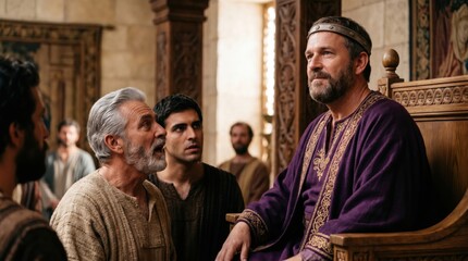 Obraz premium King Herod sitting on a throne wearing royal purple robes while addressing a crowd. Biblical scene depiction from Acts 12 showing a ruler in ancient Judea court. Historical drama portrayal.