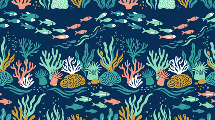 Fototapeta premium Underwater coral reef fish pattern navy teal seamless marine background