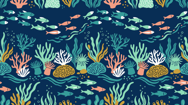 Underwater coral reef fish pattern navy teal seamless marine background