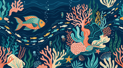 Fototapeta premium Underwater coral reef fish pattern dark blue seamless marine background