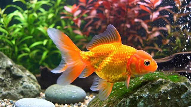 Orange goldfish swimming in a lush planted freshwater aquarium