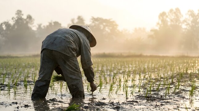 Asian farmer planting rice in paddy field in countryside in summer.