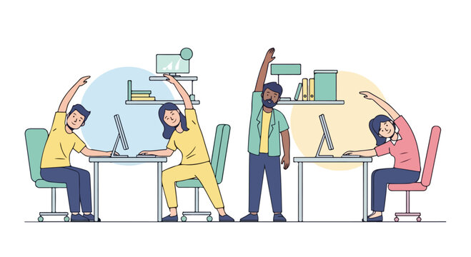 Humorous cartoon illustration of office workers in a chaotic and humorous workspace environment with exaggerated