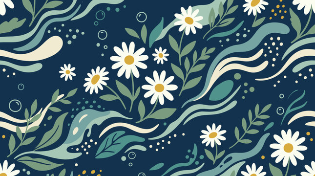 Abstract marine floral pattern navy green seamless underwater background