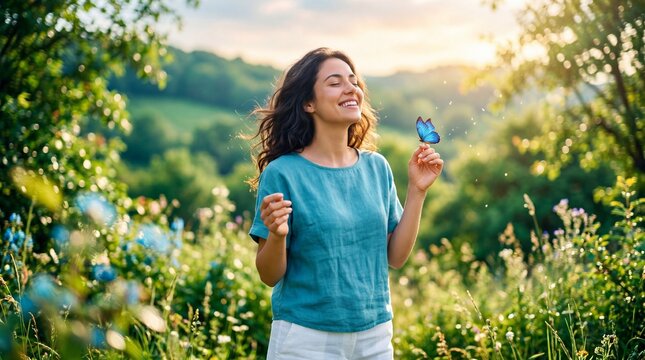 Woman smiling joyfully while holding blue butterfly in sunny meadow with wildflowers and green hills at sunset. Concept of asthma relief allergy management and outdoor wellness enjoyment