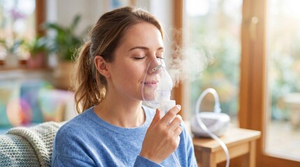 Fototapeta premium Woman inhaling mist from nebulizer in cozy living room. Asthma treatment at home with respiratory therapy machine. Allergy relief and breathing support concept for better health management