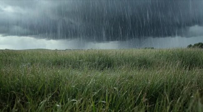 Heavy rainstorm over lush green fields, dark clouds, stormy weather 4K Ai HD high quality video.