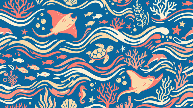 Ocean marine pattern coral reef blue seamless underwater background