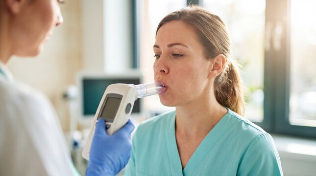 Nurse performing spirometry test on woman patient in medical clinic. Respiratory health assessment with diagnostic device