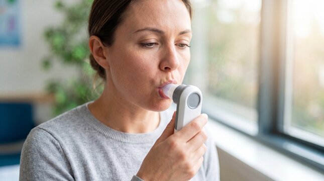 Woman using peak flow meter to assess breathing. Handheld device for monitoring lung function in asthma management. Daily self-care tool for pulmonary wellness and symptom control