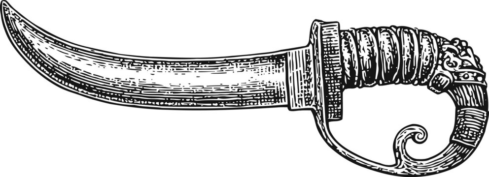 Antique curved dagger with ornate handle and detailed engravings, vintage weapon illustration
