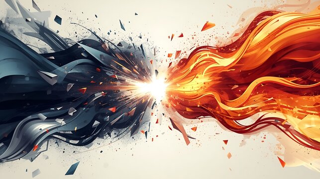 Abstract background with dynamic fire and ice energy collision with shards and particles