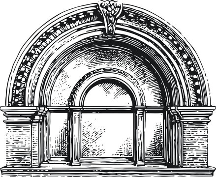 Ornate arched window with classical columns and decorative keystone in vintage architectural