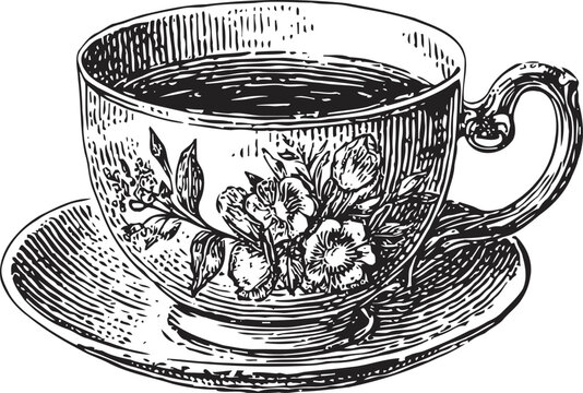 Vintage teacup with floral design filled with hot tea on matching saucer, hand drawn illustration