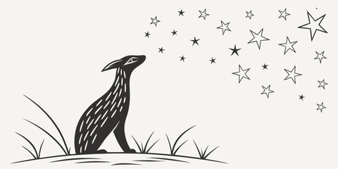 Minimalist black rabbit silhouette looking up at a field of shining stars in the night sky vector illustration linocut style with silhouette dreaming celestial wildlife constellation © Meraj
