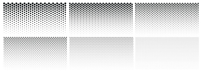 Halftone gradient. Dotted gradient, smooth dots spraying and halftones dot background seamless horizontal geometric pattern vector template set. Abstract dot gradient halftone pattern illustration © kasheev